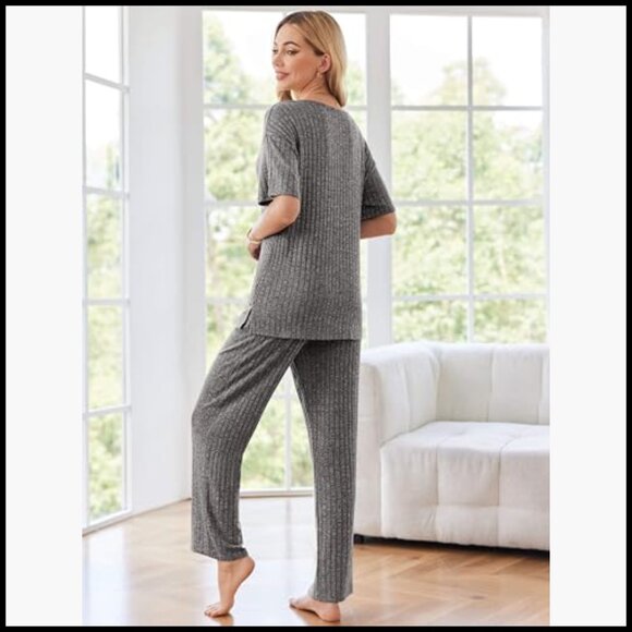 Ribbed Knit Lounge Set Short Sleeve V-Neck Top Long Pants Pajama - Picture 4 of 7